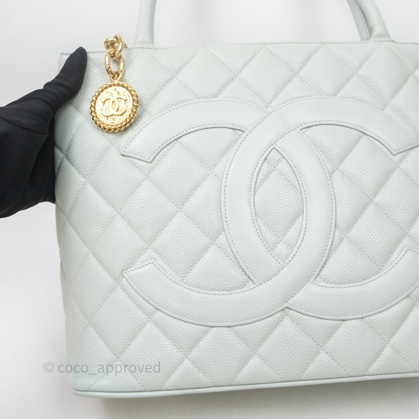 Chanel Vintage Medallion CC Light Blue Caviar Tote Bag Gold Hardware