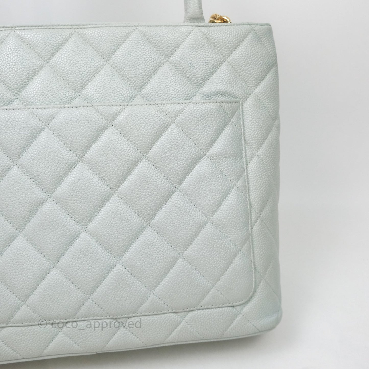 Chanel Vintage Medallion CC Light Blue Caviar Tote Bag Gold Hardware
