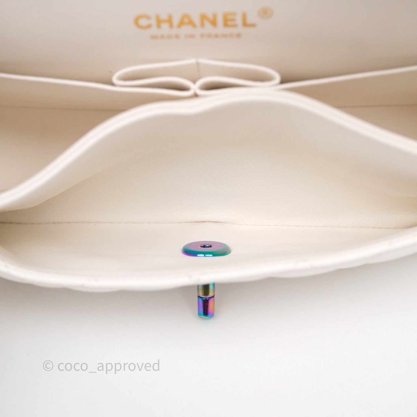 Chanel Small Classic Flap Quilted Ivory White Caviar Rainbow Hardware