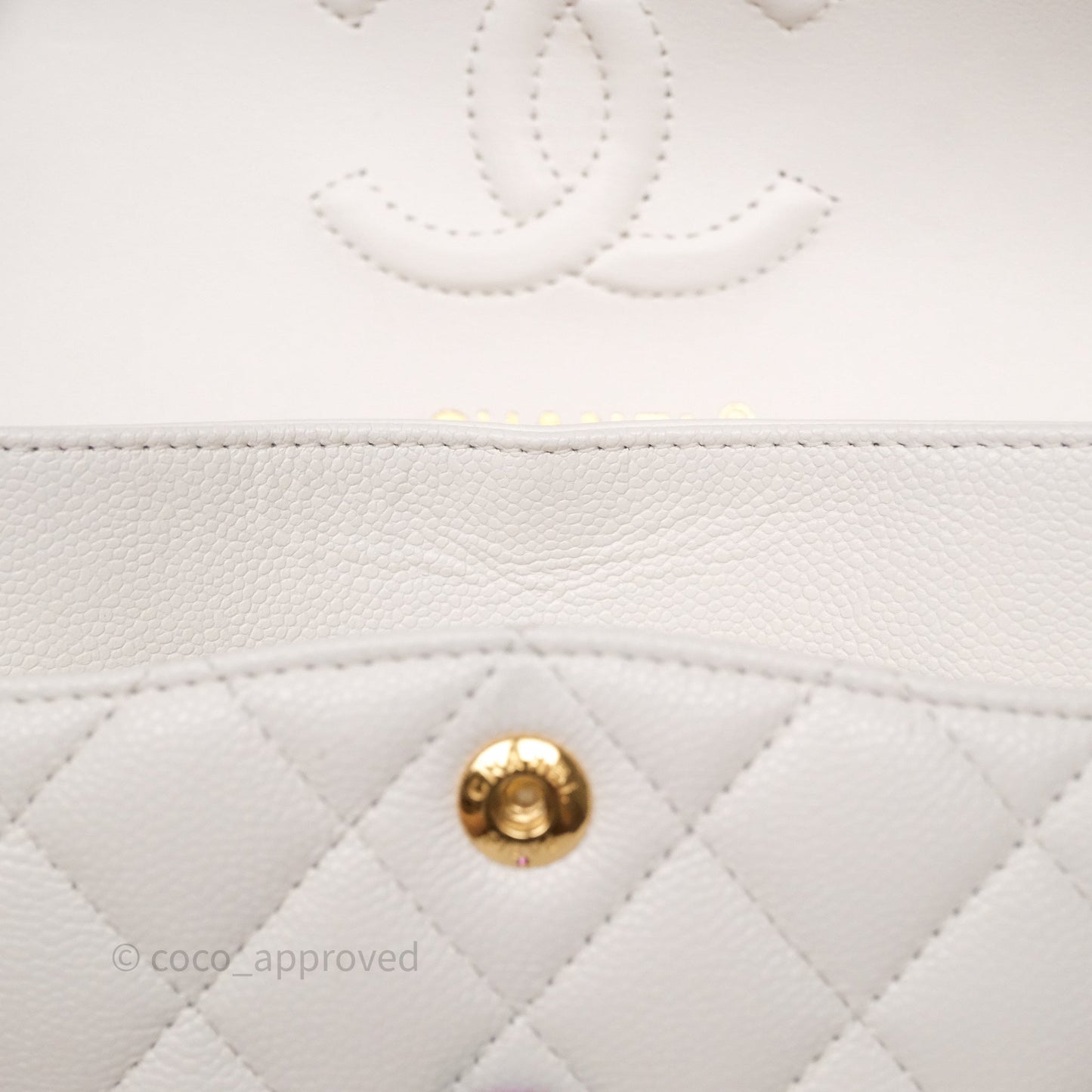 Chanel Small Classic Flap Quilted Ivory White Caviar Rainbow Hardware