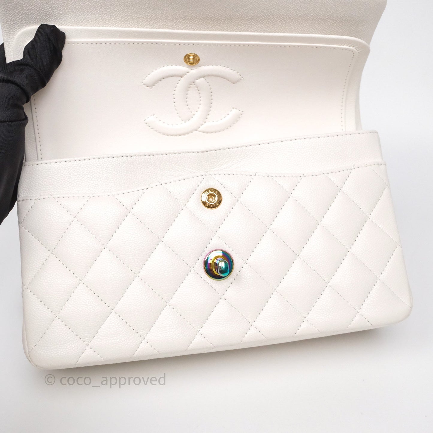 Chanel Small Classic Flap Quilted Ivory White Caviar Rainbow Hardware