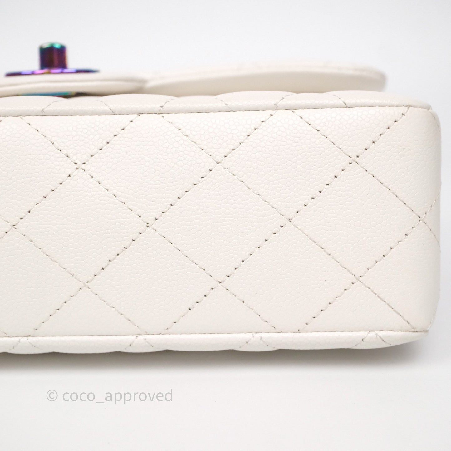 Chanel Small Classic Flap Quilted Ivory White Caviar Rainbow Hardware