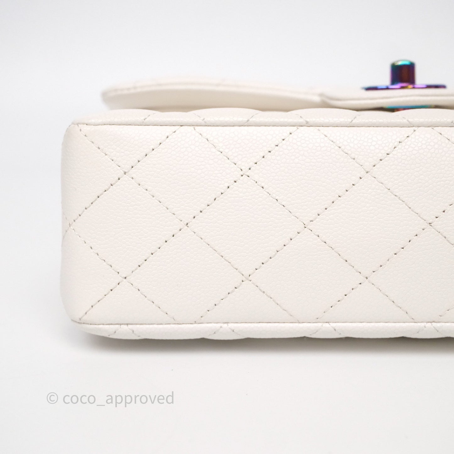Chanel Small Classic Flap Quilted Ivory White Caviar Rainbow Hardware