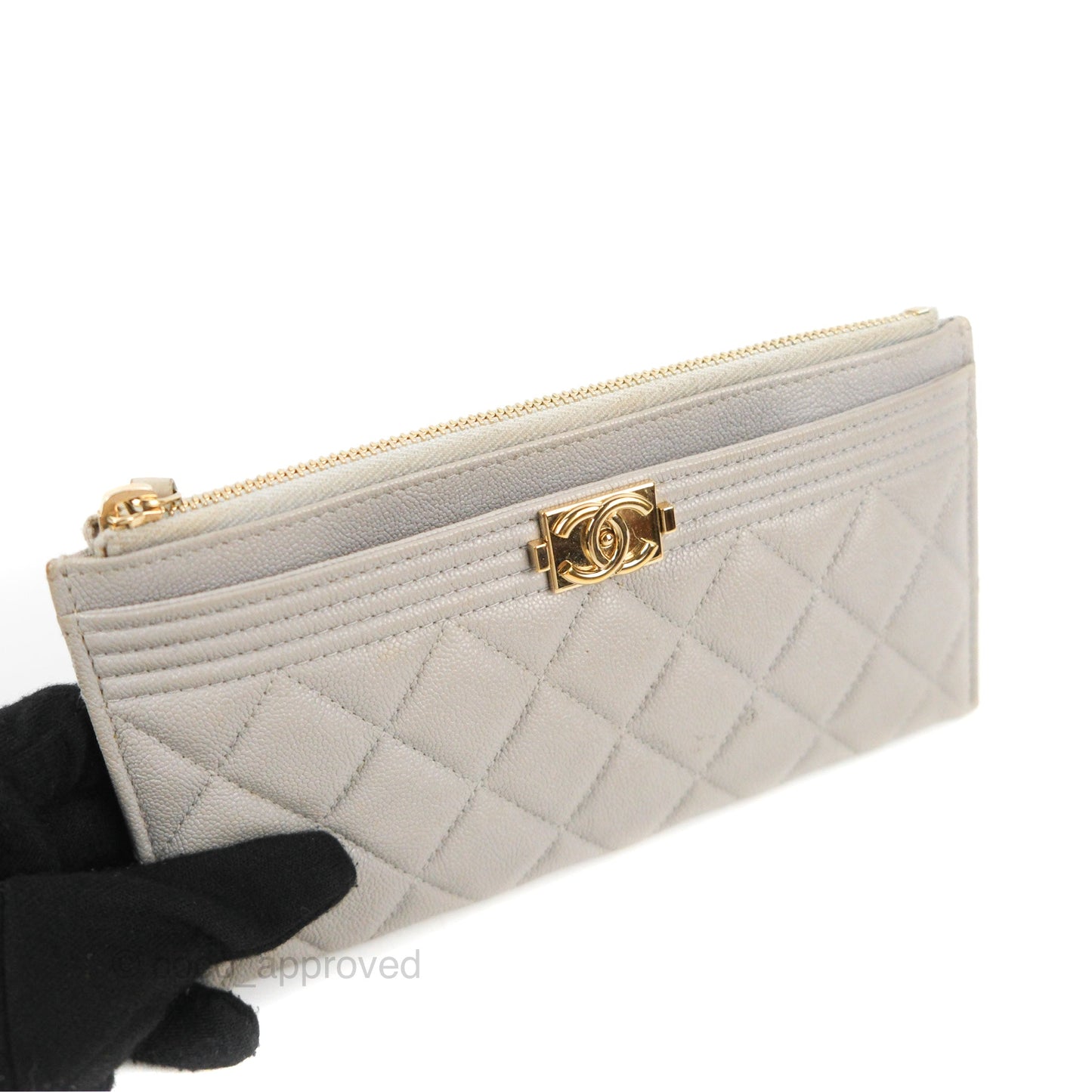 Chanel Boy Zip Pouch Grey Caviar Gold Hardware