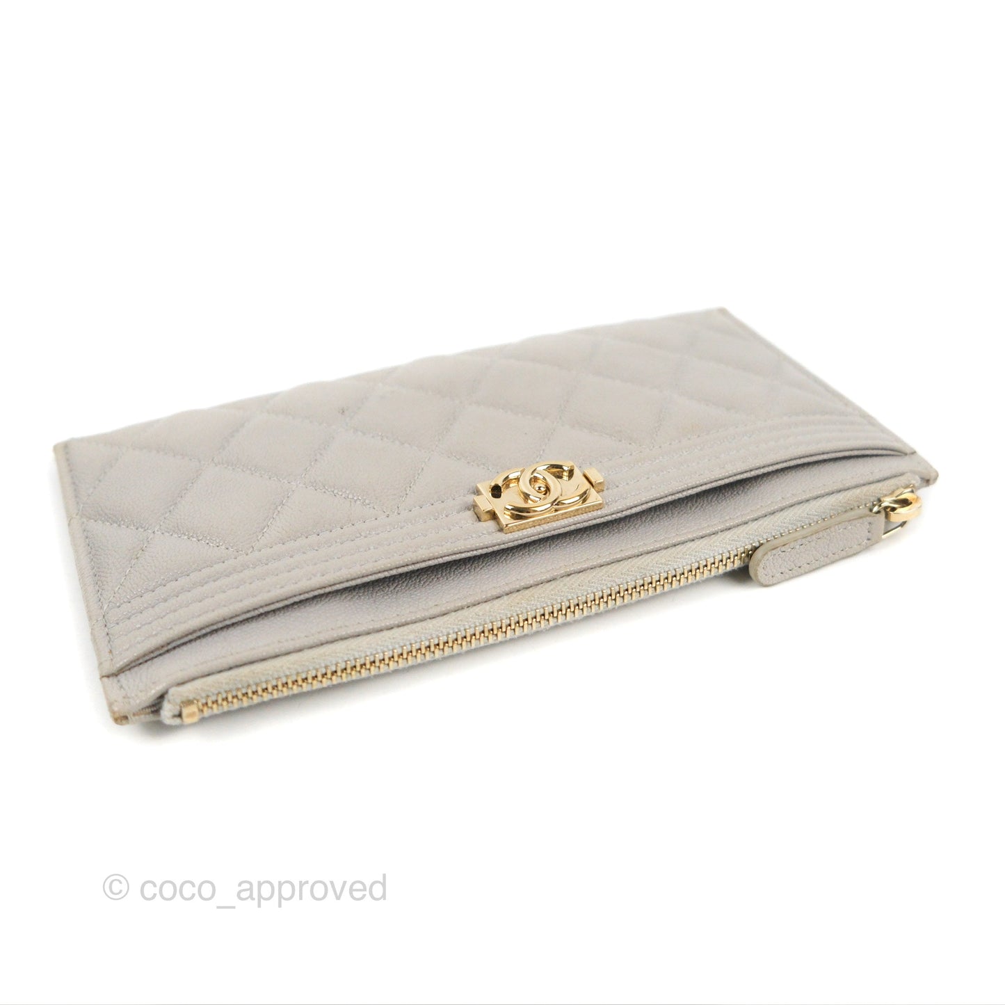 Chanel Boy Zip Pouch Grey Caviar Gold Hardware