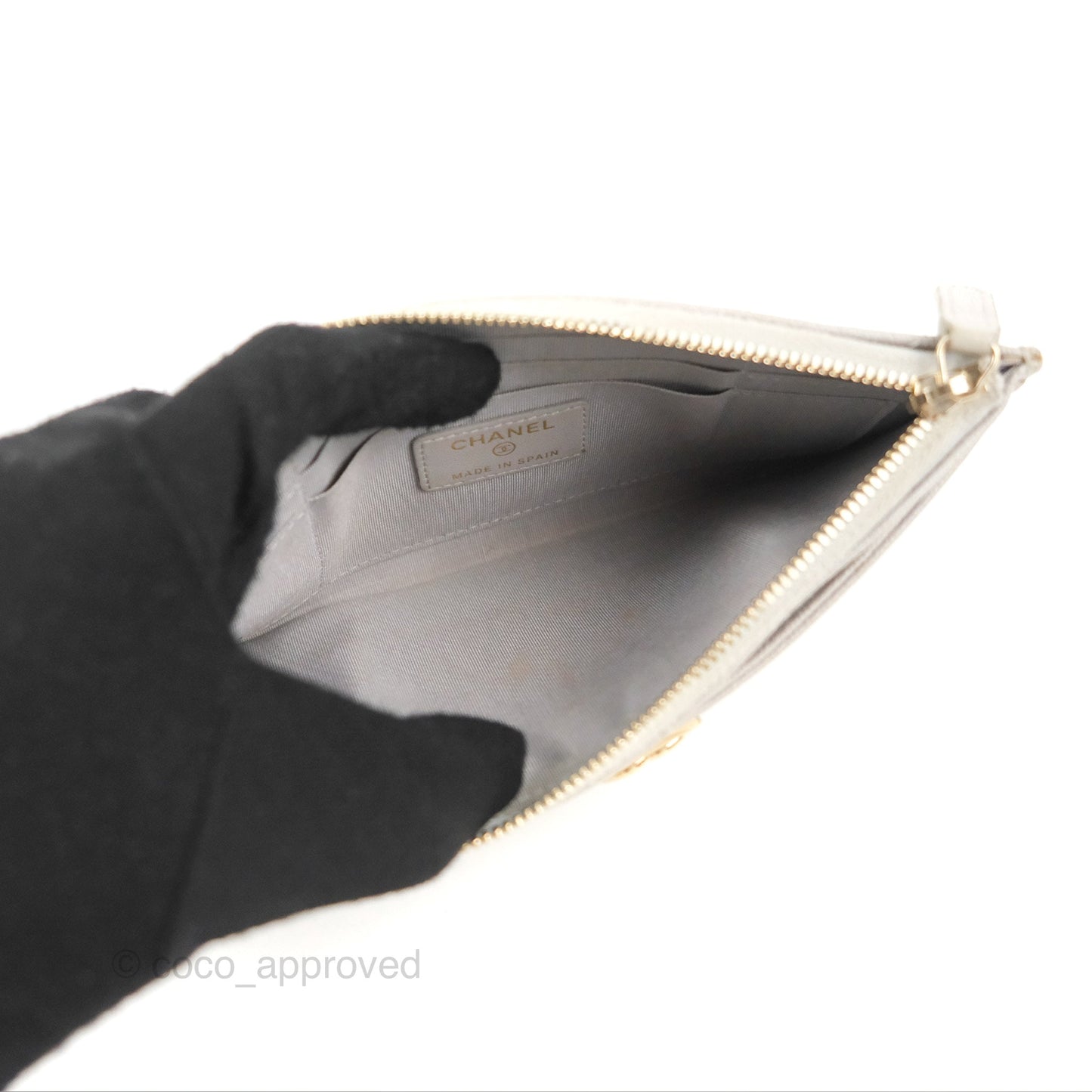 Chanel Boy Zip Pouch Grey Caviar Gold Hardware