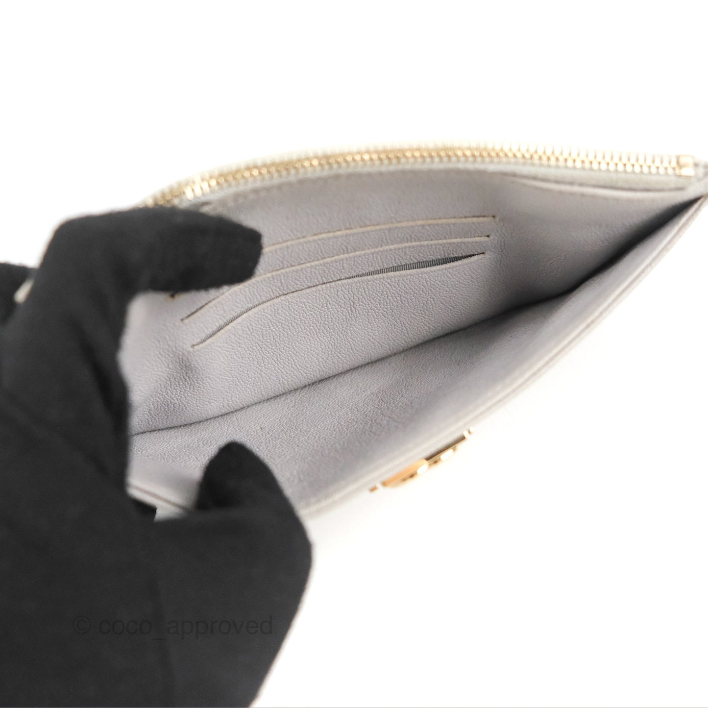 Chanel Boy Zip Pouch Grey Caviar Gold Hardware