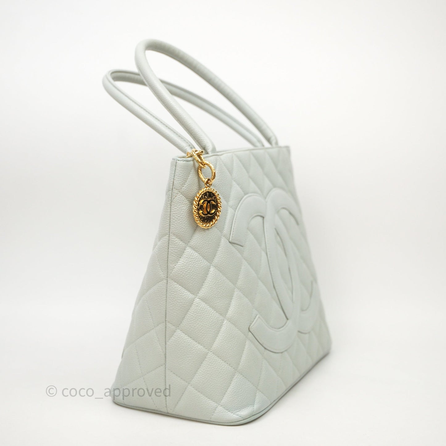 Chanel Vintage Medallion CC Light Blue Caviar Tote Bag Gold Hardware