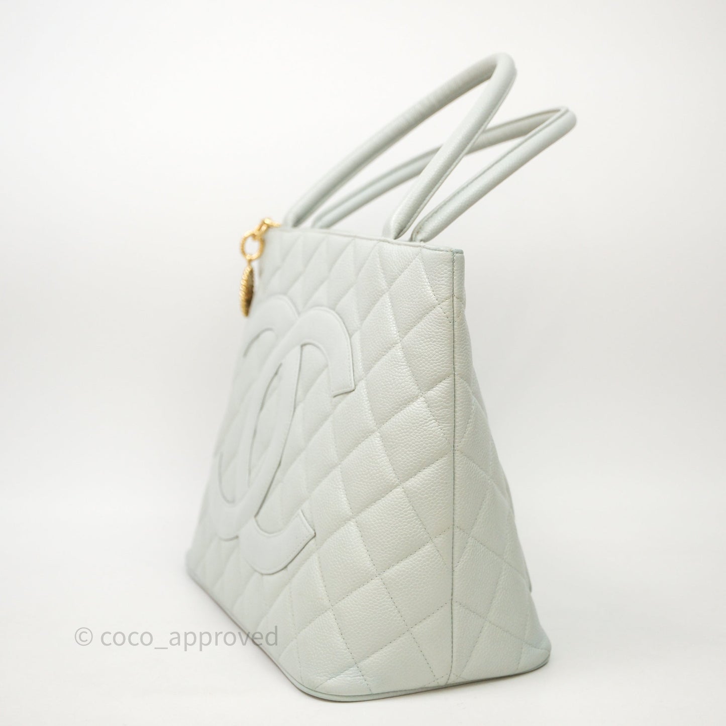 Chanel Vintage Medallion CC Light Blue Caviar Tote Bag Gold Hardware