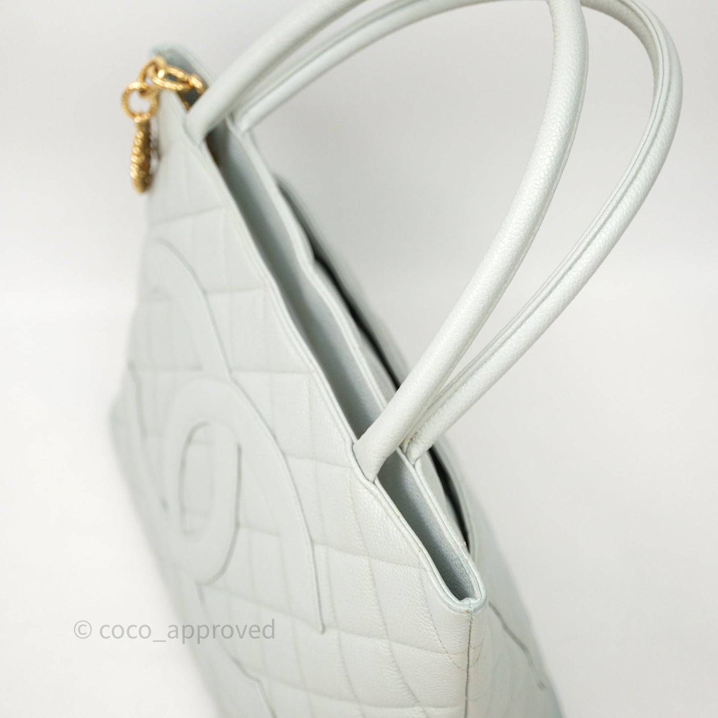 Chanel Vintage Medallion CC Light Blue Caviar Tote Bag Gold Hardware