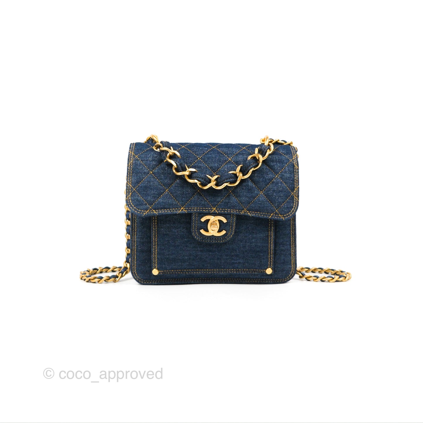 Chanel Square Flap Bag Denim Aged Gold Hardware 23S