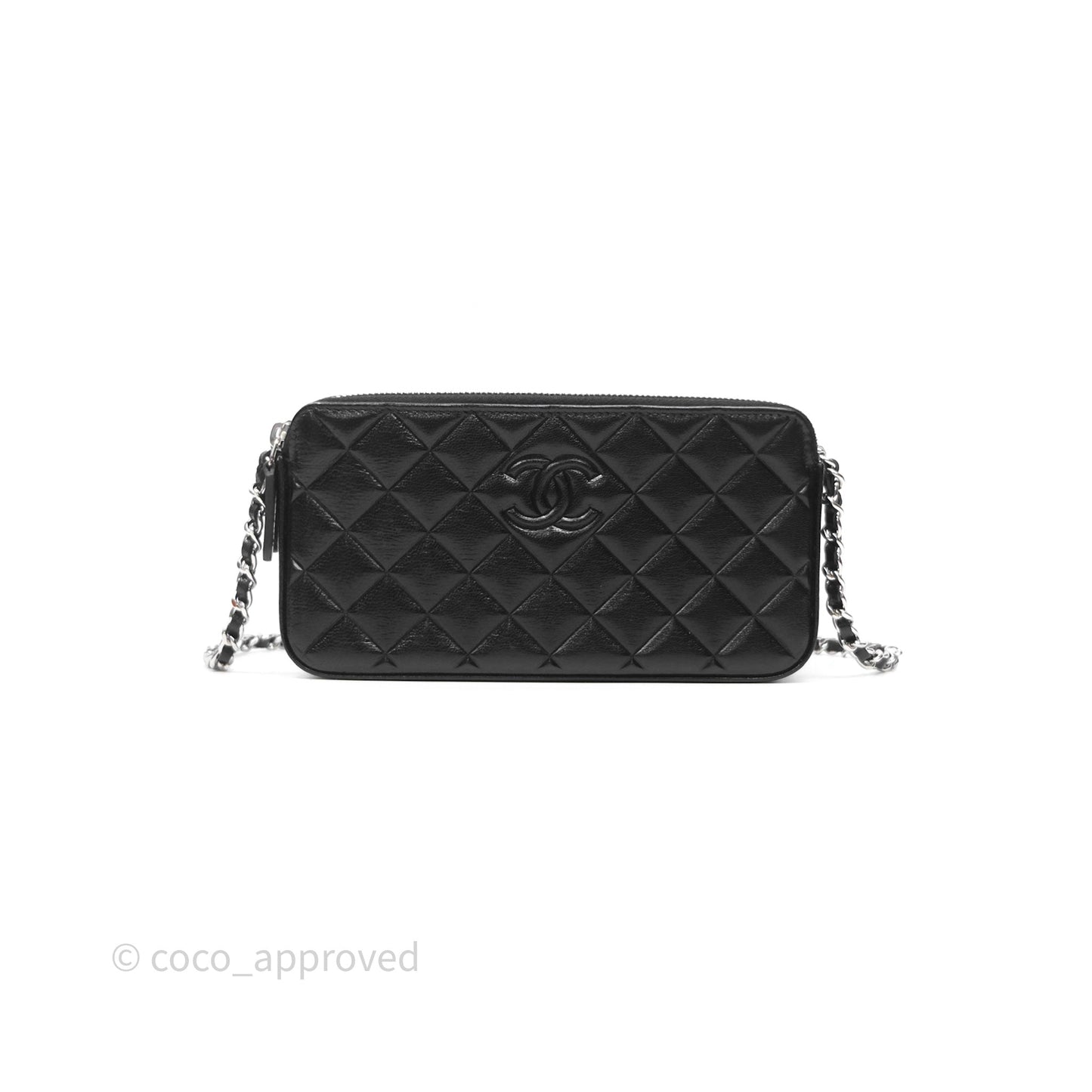 Chanel Double Zip Clutch With Chain Calfskin Black Silver Hardware