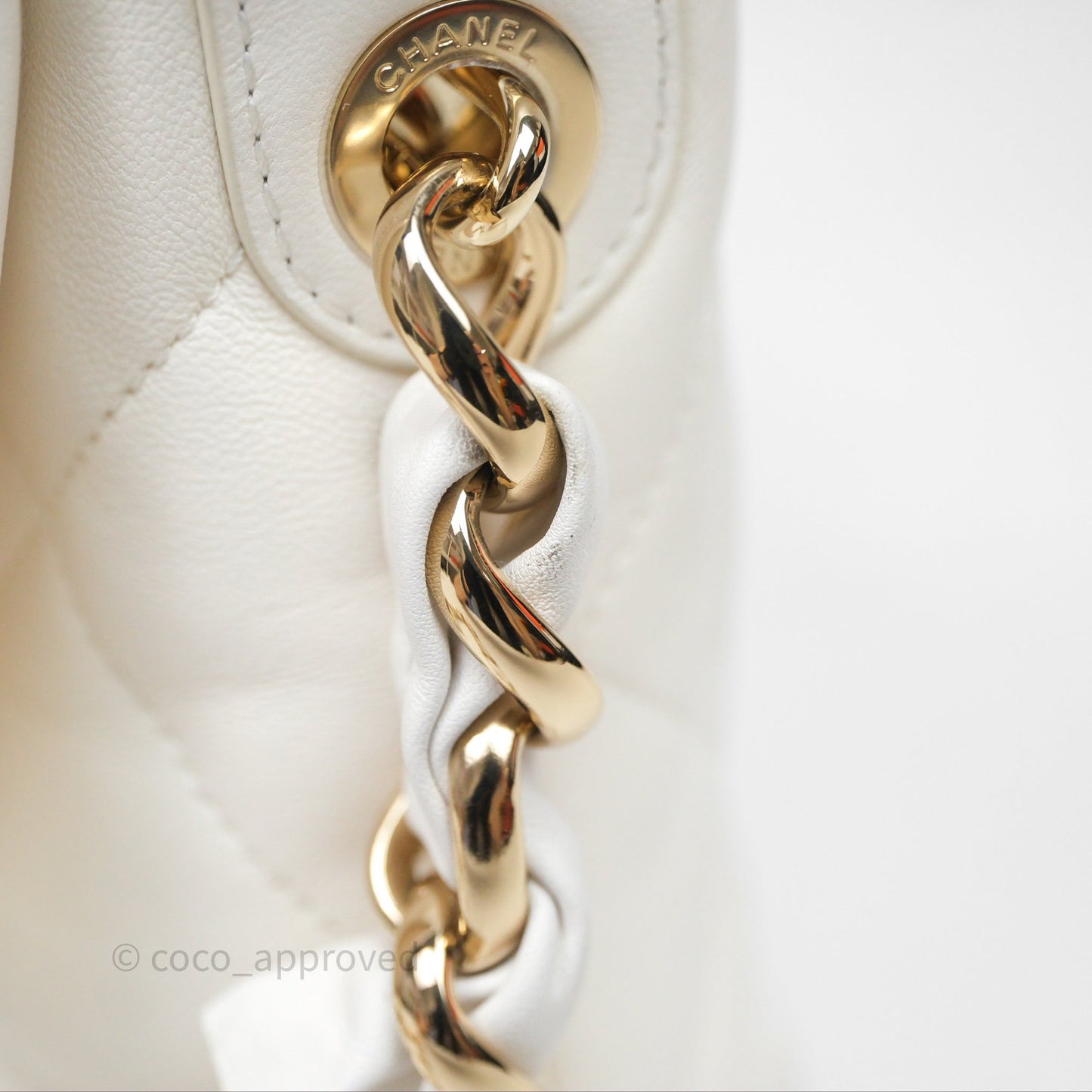 Chanel CC Flap Bag With Logo on Chain Lambskin White Gold Hardware