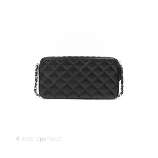 Chanel Double Zip Clutch With Chain Calfskin Black Silver Hardware