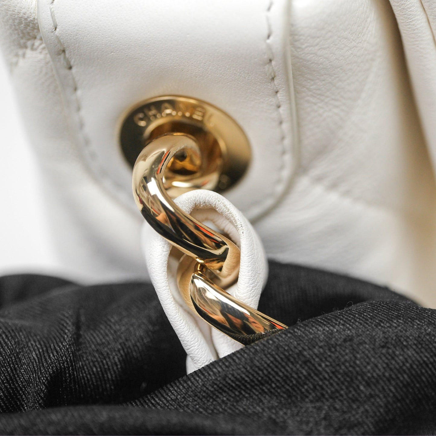 Chanel CC Flap Bag With Logo on Chain Lambskin White Gold Hardware