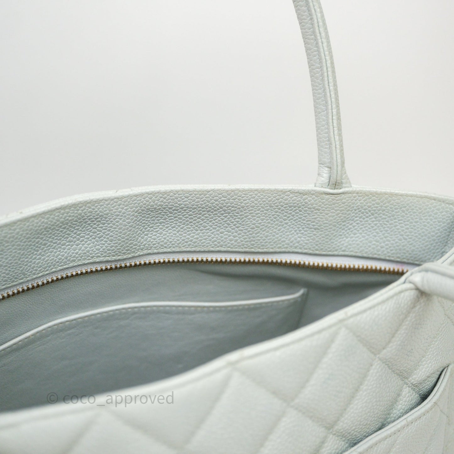 Chanel Vintage Medallion CC Light Blue Caviar Tote Bag Gold Hardware