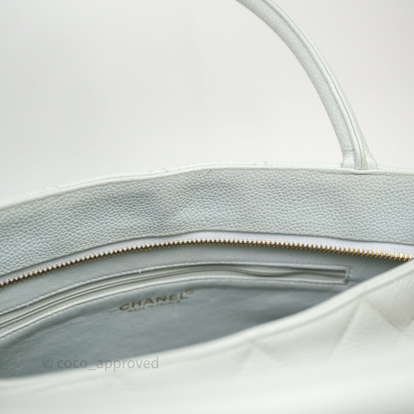 Chanel Vintage Medallion CC Light Blue Caviar Tote Bag Gold Hardware