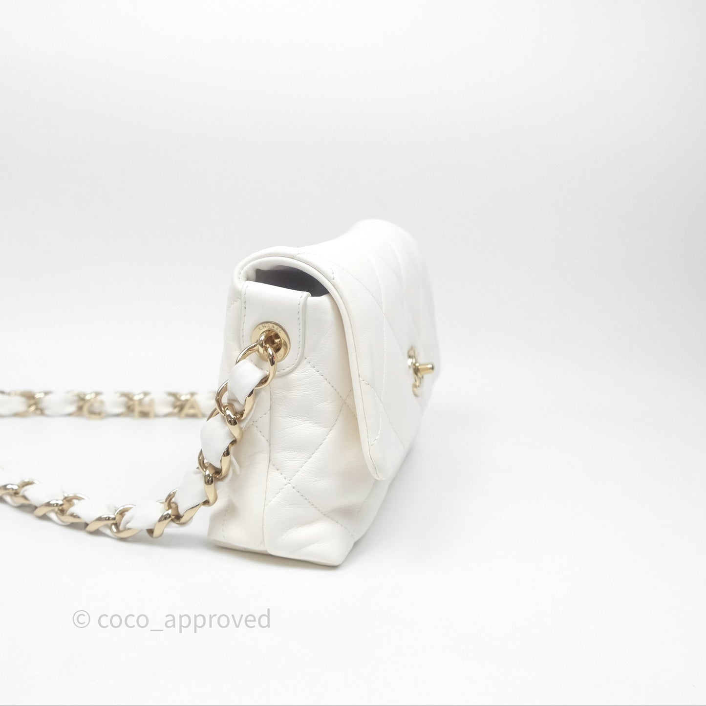 Chanel CC Flap Bag With Logo on Chain Lambskin White Gold Hardware