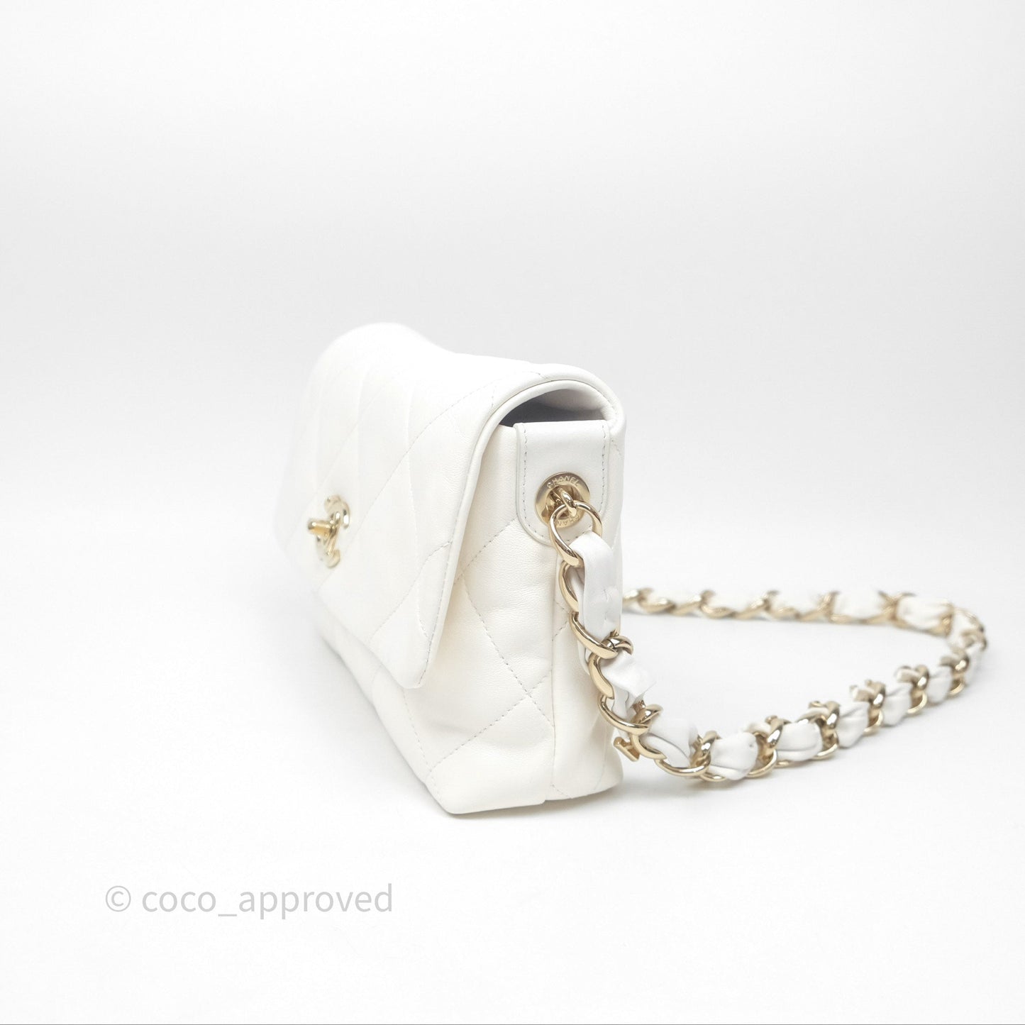 Chanel CC Flap Bag With Logo on Chain Lambskin White Gold Hardware