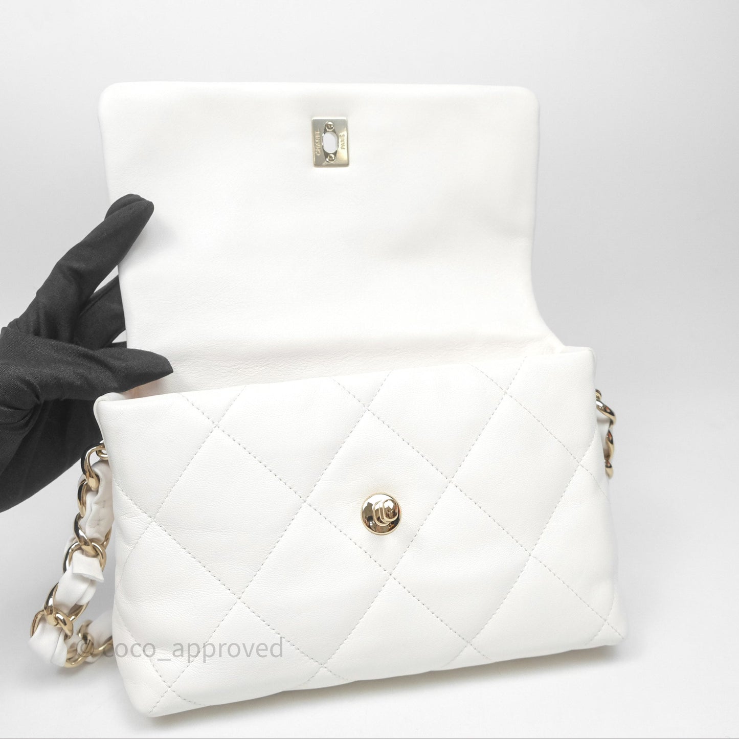 Chanel CC Flap Bag With Logo on Chain Lambskin White Gold Hardware