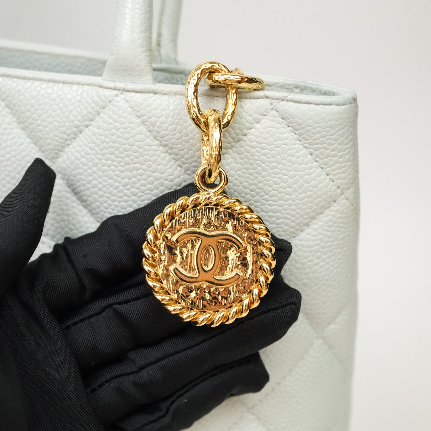 Chanel Vintage Medallion CC Light Blue Caviar Tote Bag Gold Hardware