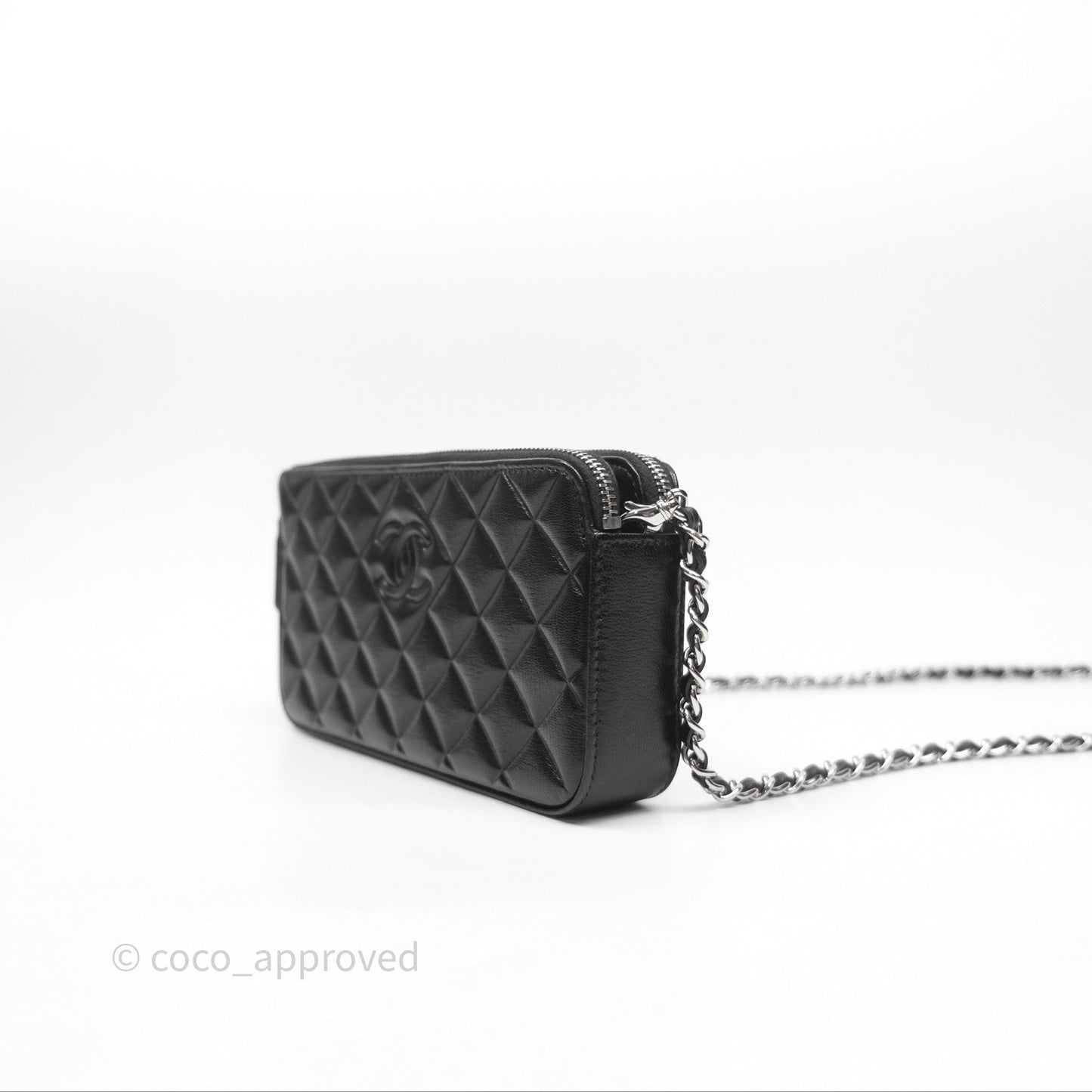 Chanel Double Zip Clutch With Chain Calfskin Black Silver Hardware