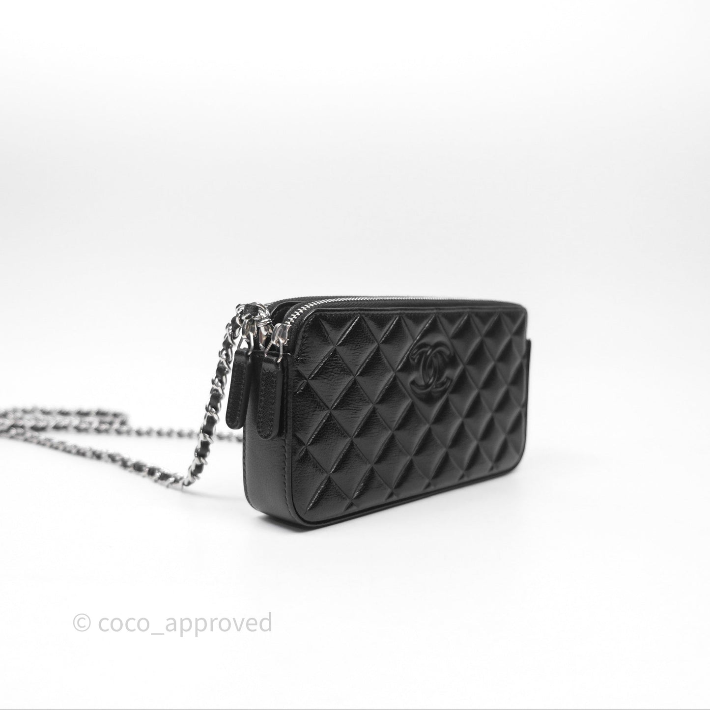 Chanel Double Zip Clutch With Chain Calfskin Black Silver Hardware