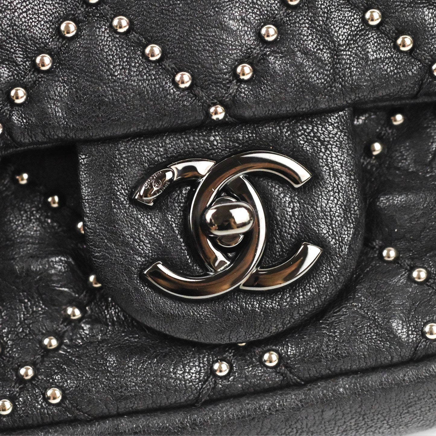 Chanel Small Studded Flap Bag Black Calfskin Gun Metal