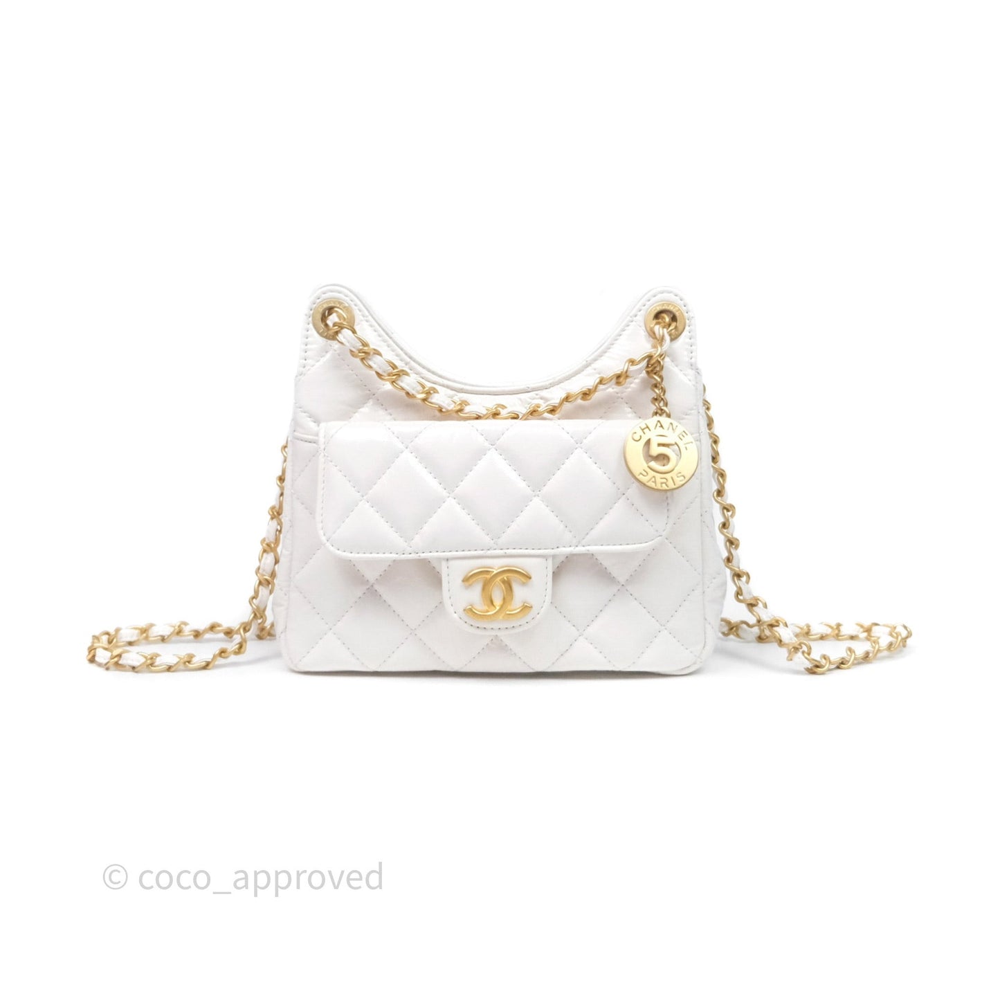 Chanel Small Wavy CC Hobo White Shiny Crumpled Calfskin Aged Gold Hardware