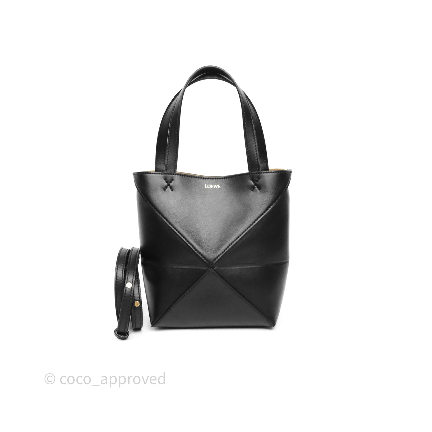 Loewe Mini Puzzle Fold Tote in Shiny Calfskin Black