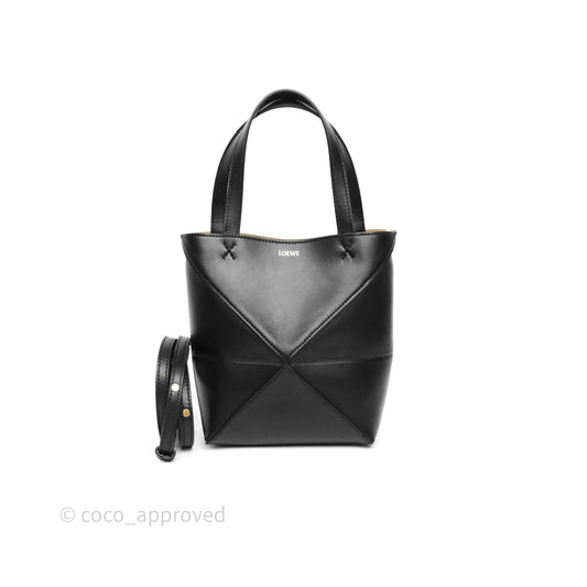 Loewe Mini Puzzle Fold Tote in Shiny Calfskin Black