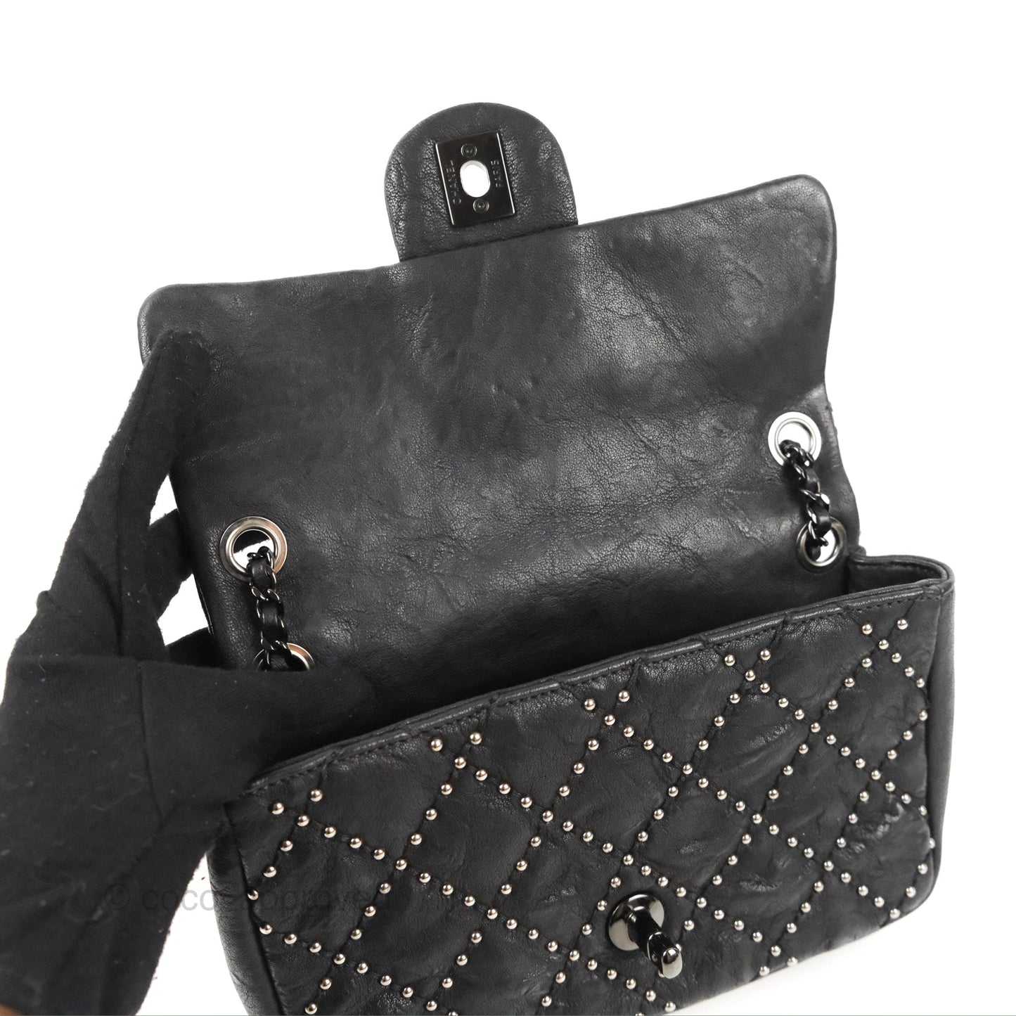 Chanel Small Studded Flap Bag Black Calfskin Gun Metal