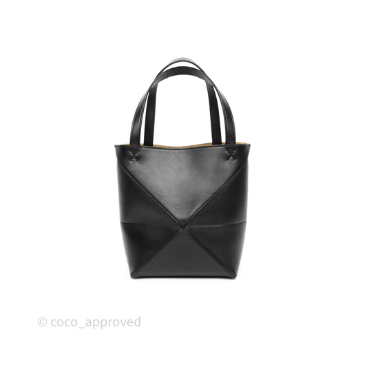 Loewe Mini Puzzle Fold Tote in Shiny Calfskin Black