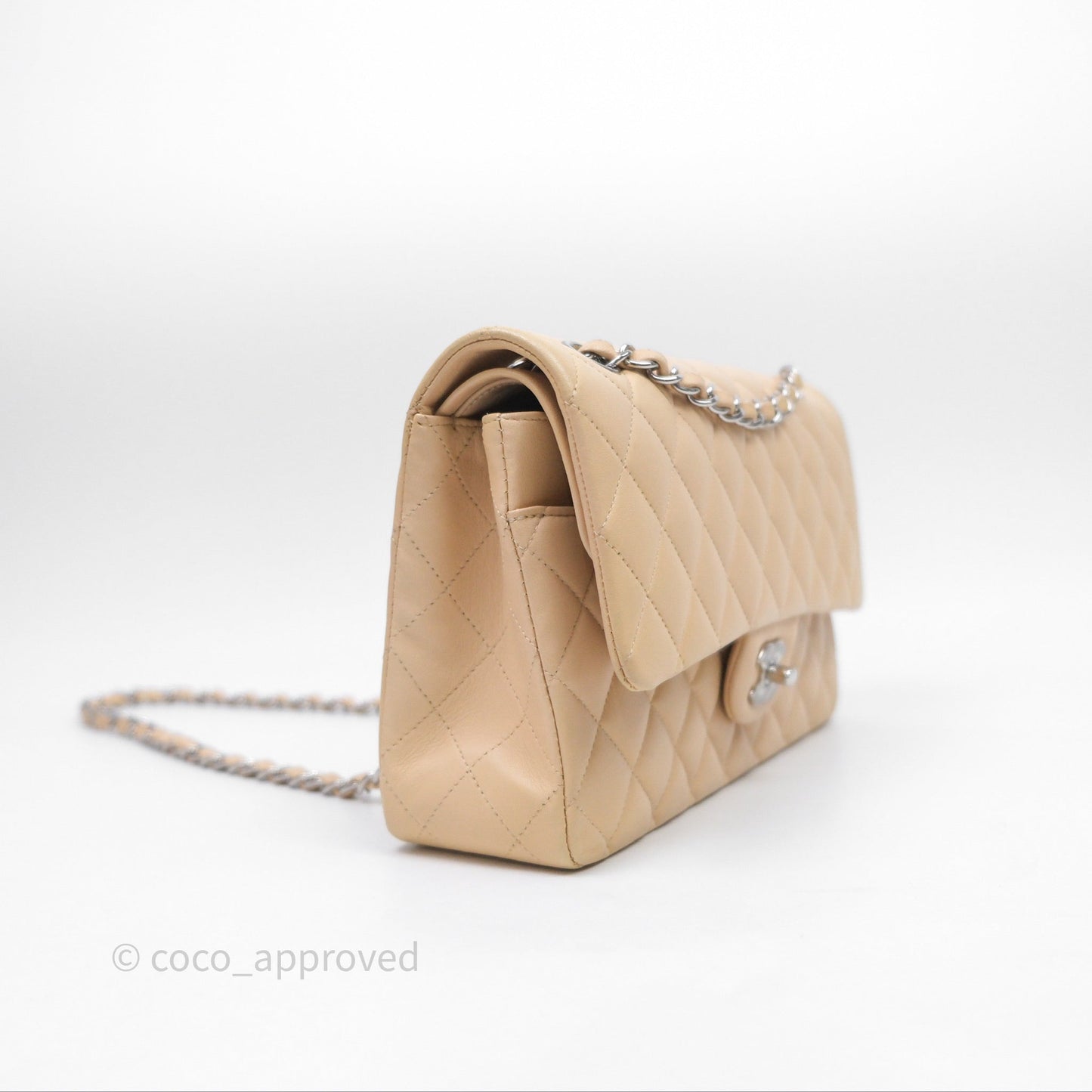 Chanel Classic M/L Medium Flap Quilted Beige Lambskin Silver Hardware