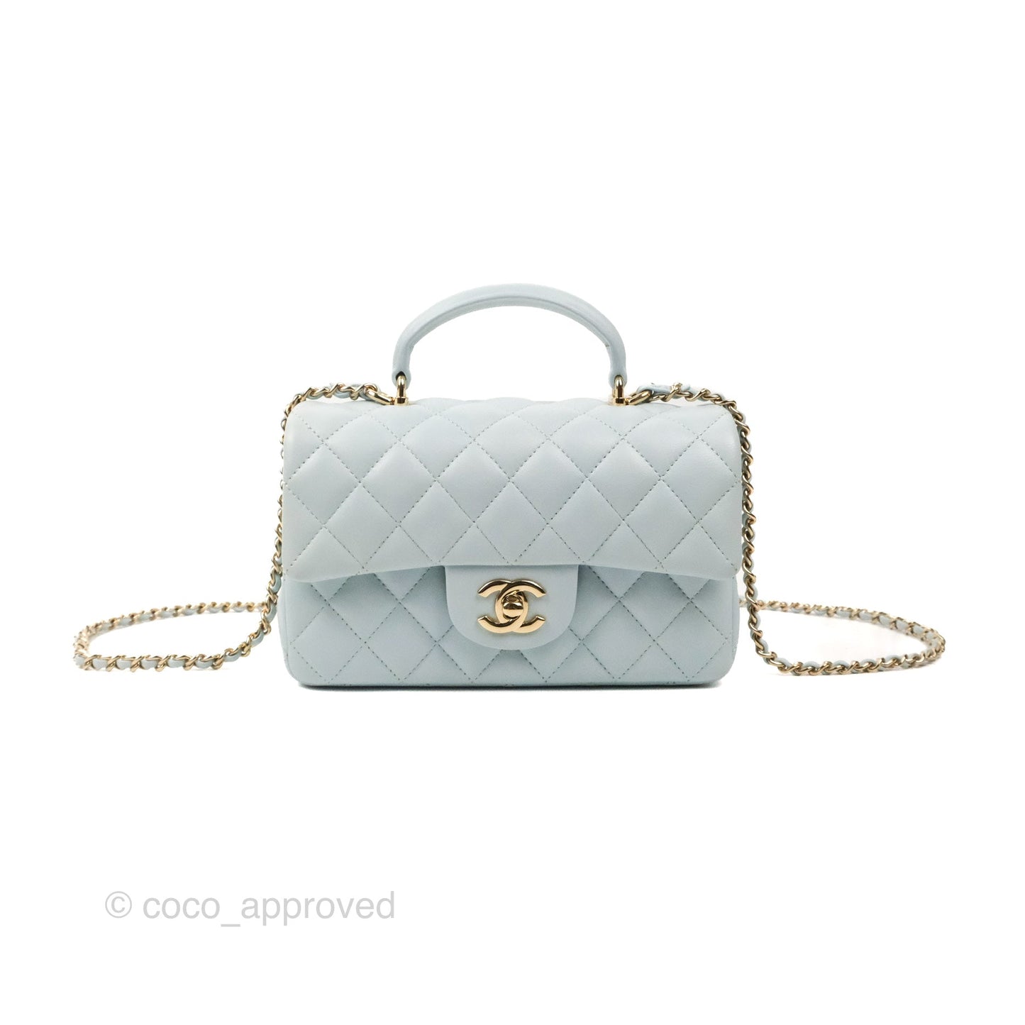 Chanel Top Handle Mini Rectangular Flap Bag Light Blue Lambskin Gold Hardware