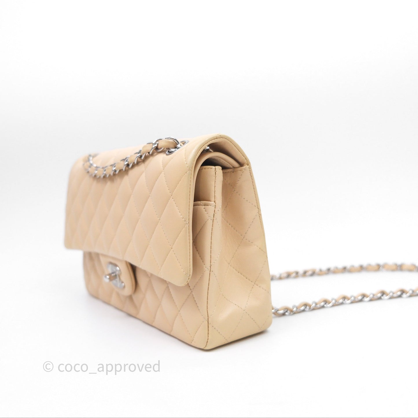 Chanel Classic M/L Medium Flap Quilted Beige Lambskin Silver Hardware