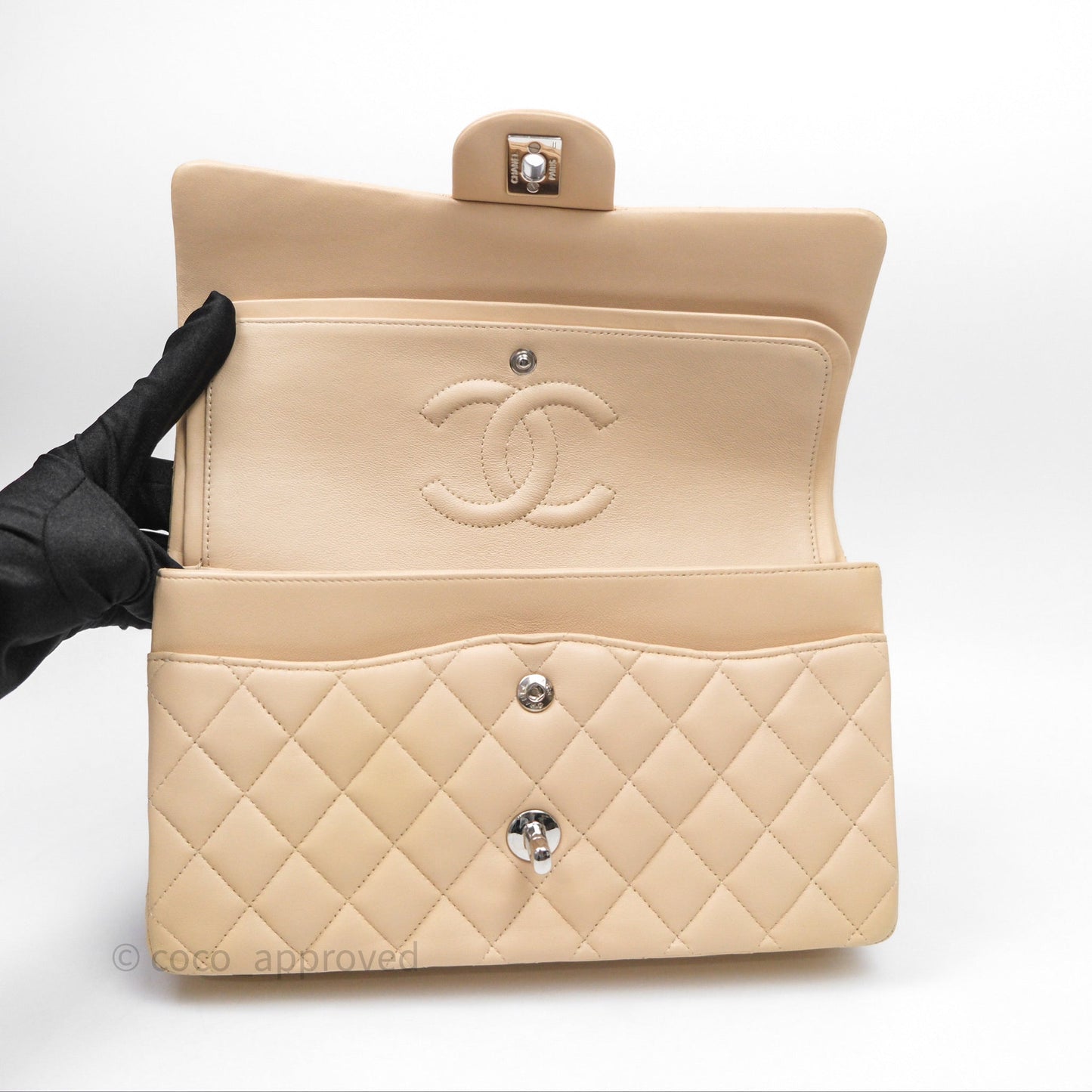 Chanel Classic M/L Medium Flap Quilted Beige Lambskin Silver Hardware