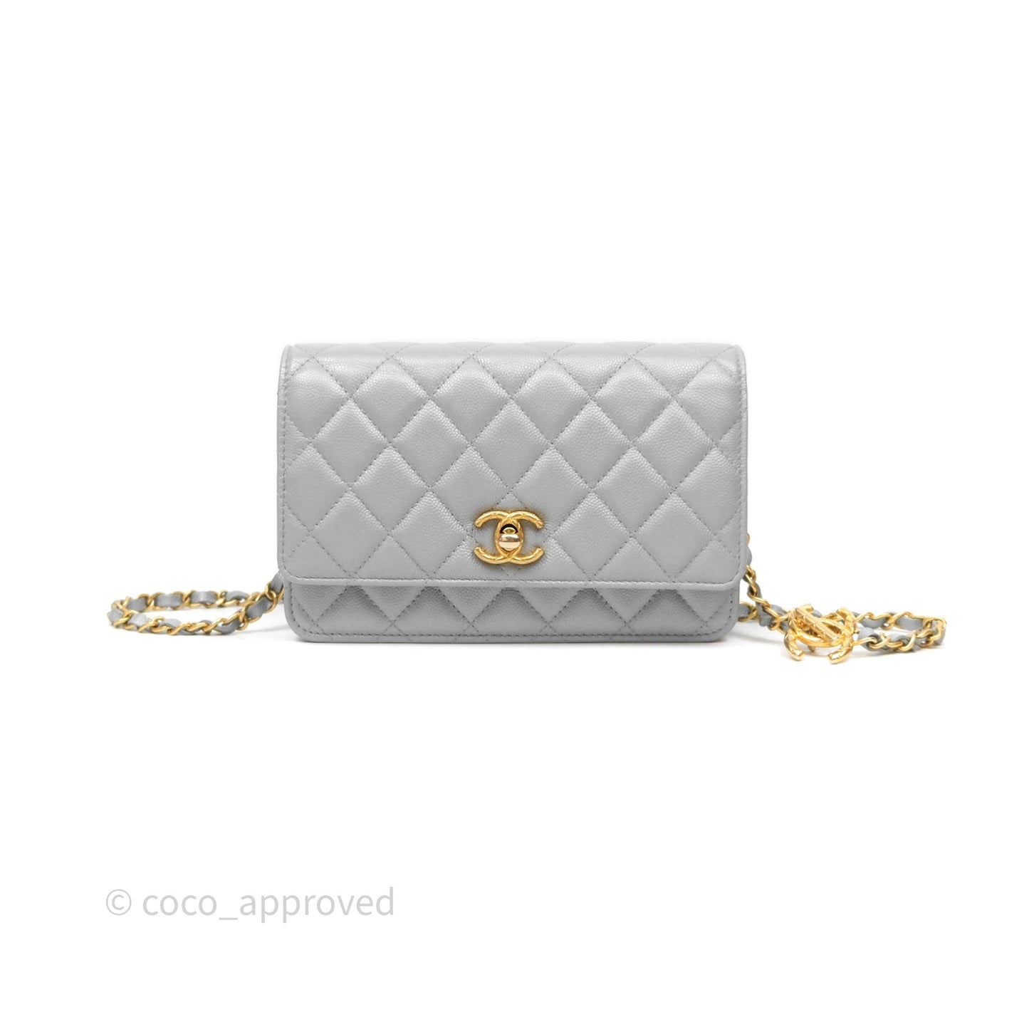 Chanel Wallet On Chain WOC Adjustable CC Chain Grey Iridescent Caviar Aged Gold Hardware