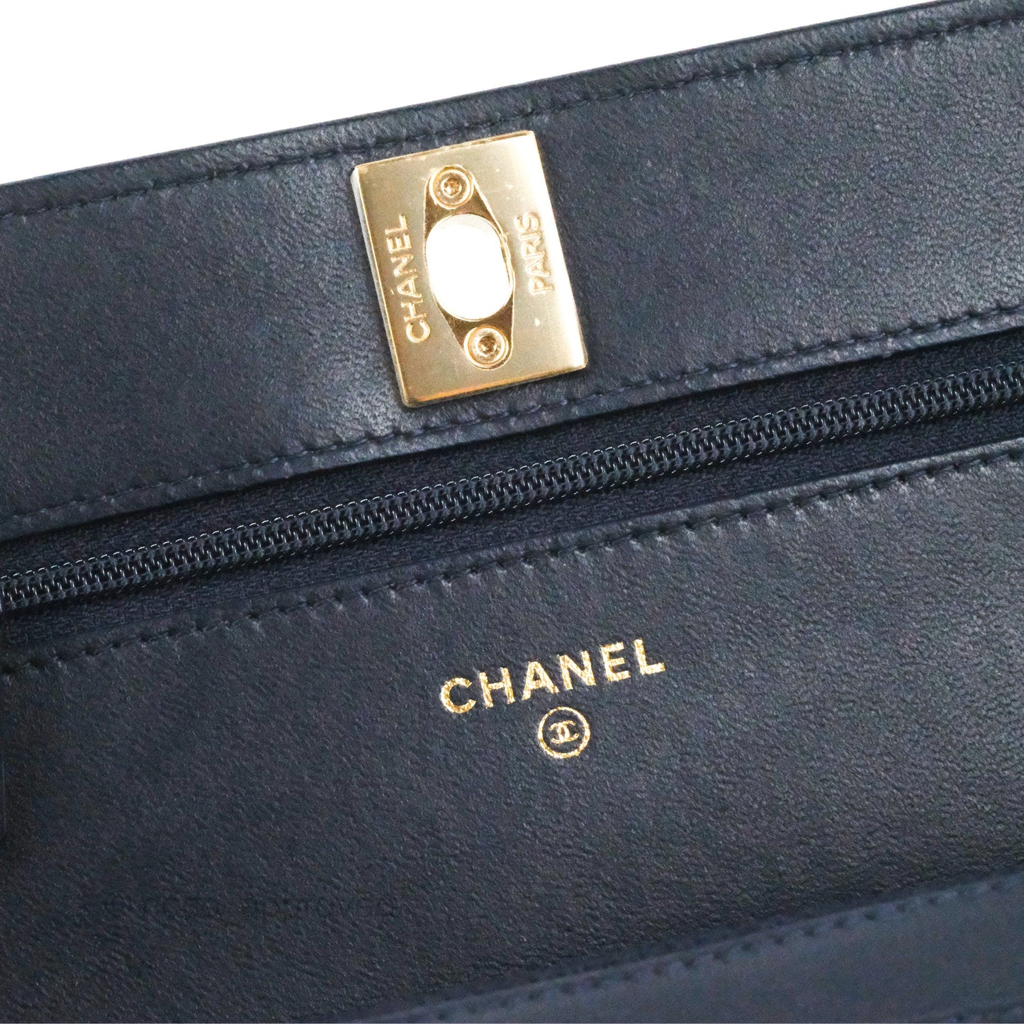 Chanel Trendy CC WOC Wallet on Chain Chevron Navy Lambskin Gold Hardware