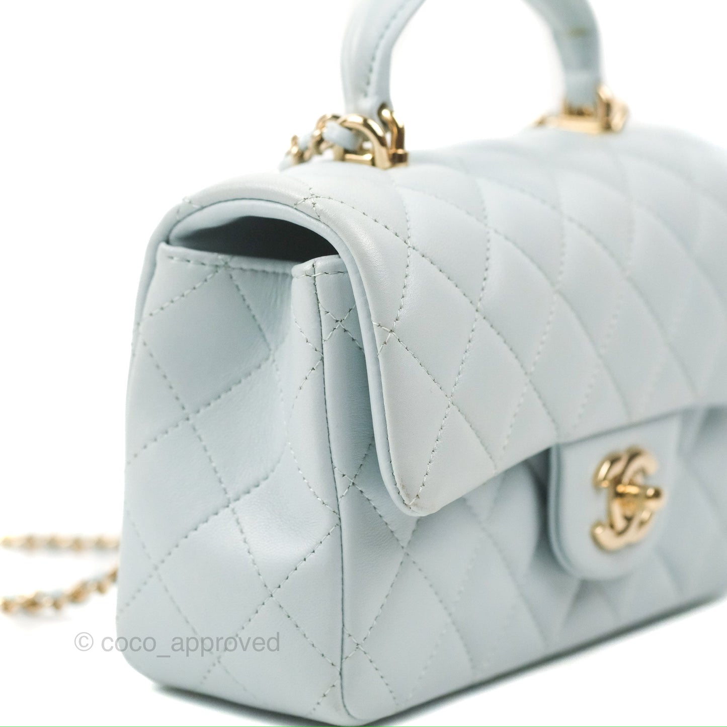 Chanel Top Handle Mini Rectangular Flap Bag Light Blue Lambskin Gold Hardware