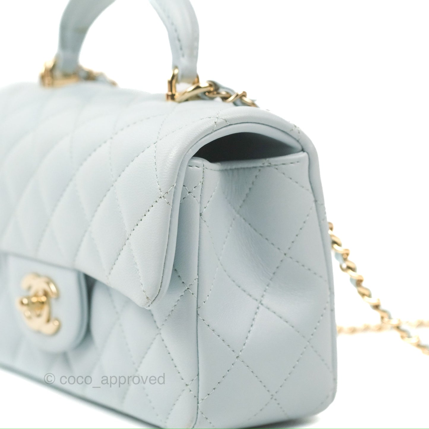 Chanel Top Handle Mini Rectangular Flap Bag Light Blue Lambskin Gold Hardware