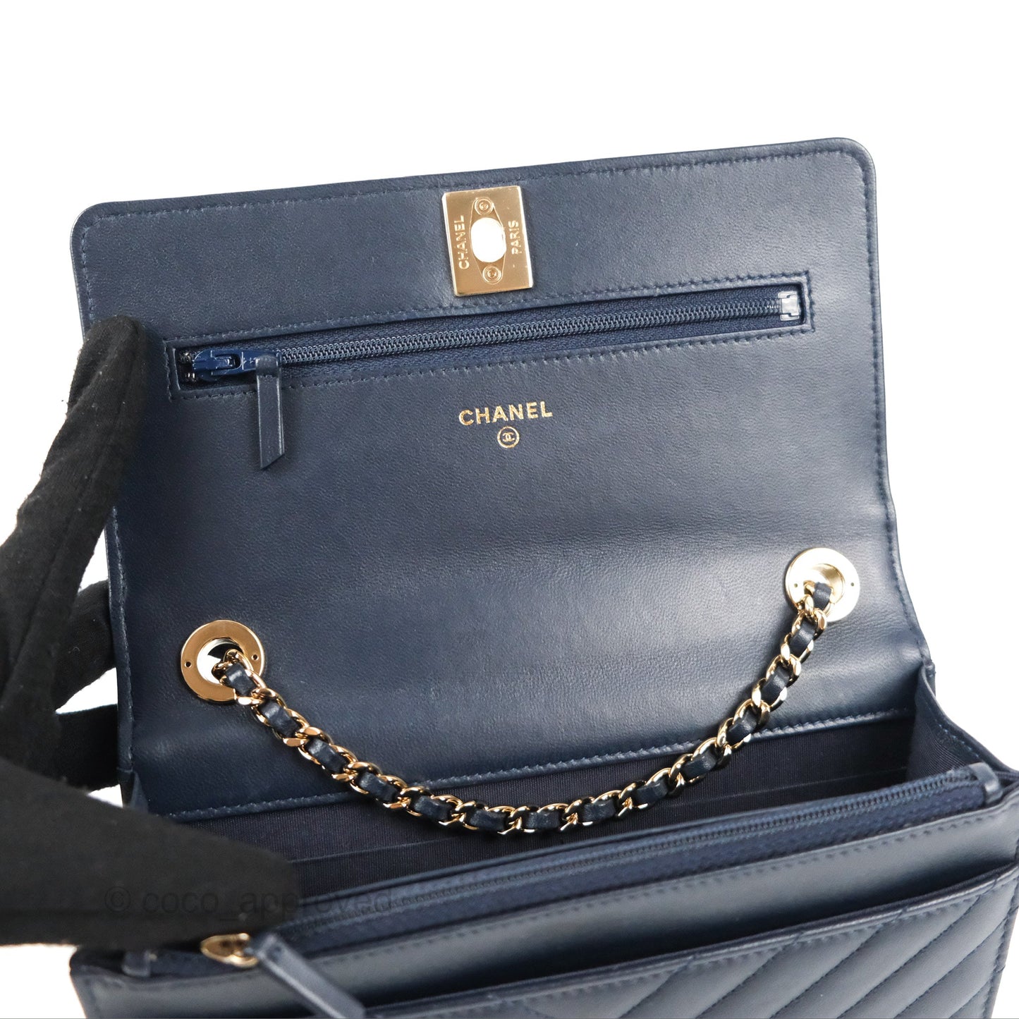 Chanel Trendy CC WOC Wallet on Chain Chevron Navy Lambskin Gold Hardware
