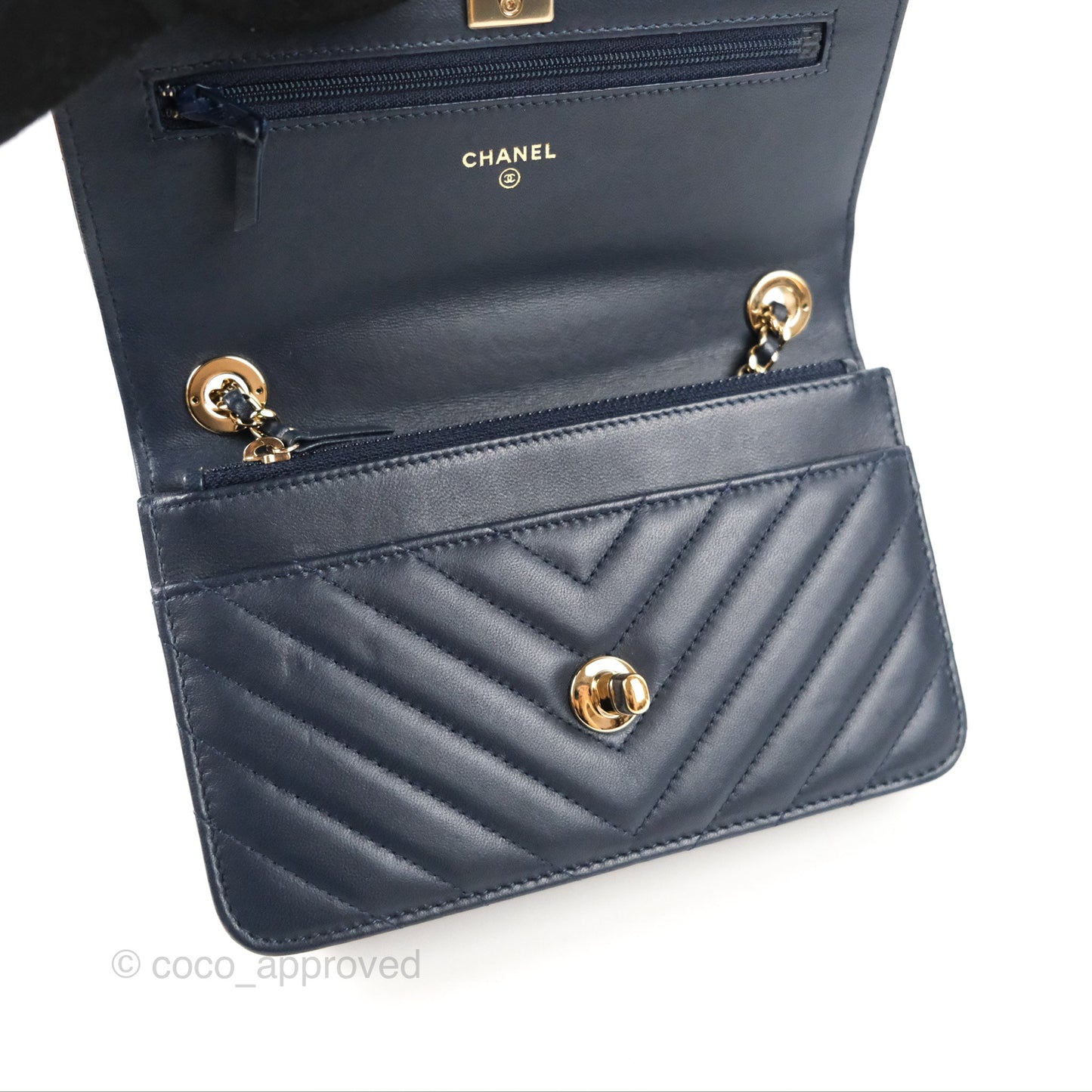 Chanel Trendy CC WOC Wallet on Chain Chevron Navy Lambskin Gold Hardware