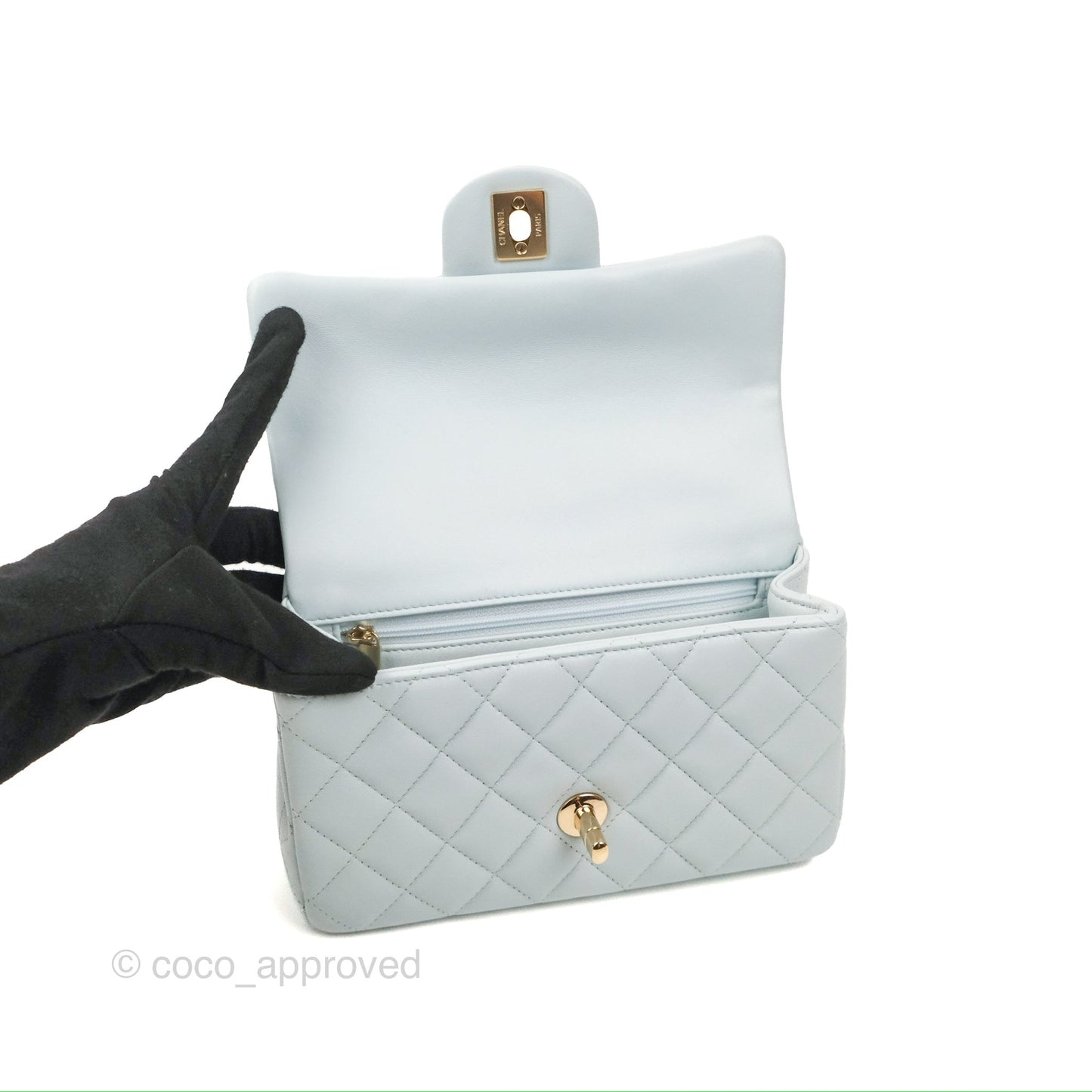 Chanel Top Handle Mini Rectangular Flap Bag Light Blue Lambskin Gold Hardware