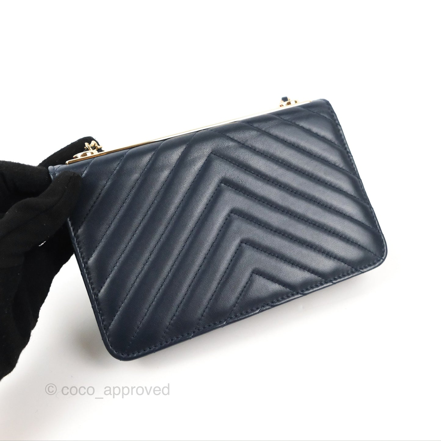 Chanel Trendy CC WOC Wallet on Chain Chevron Navy Lambskin Gold Hardware