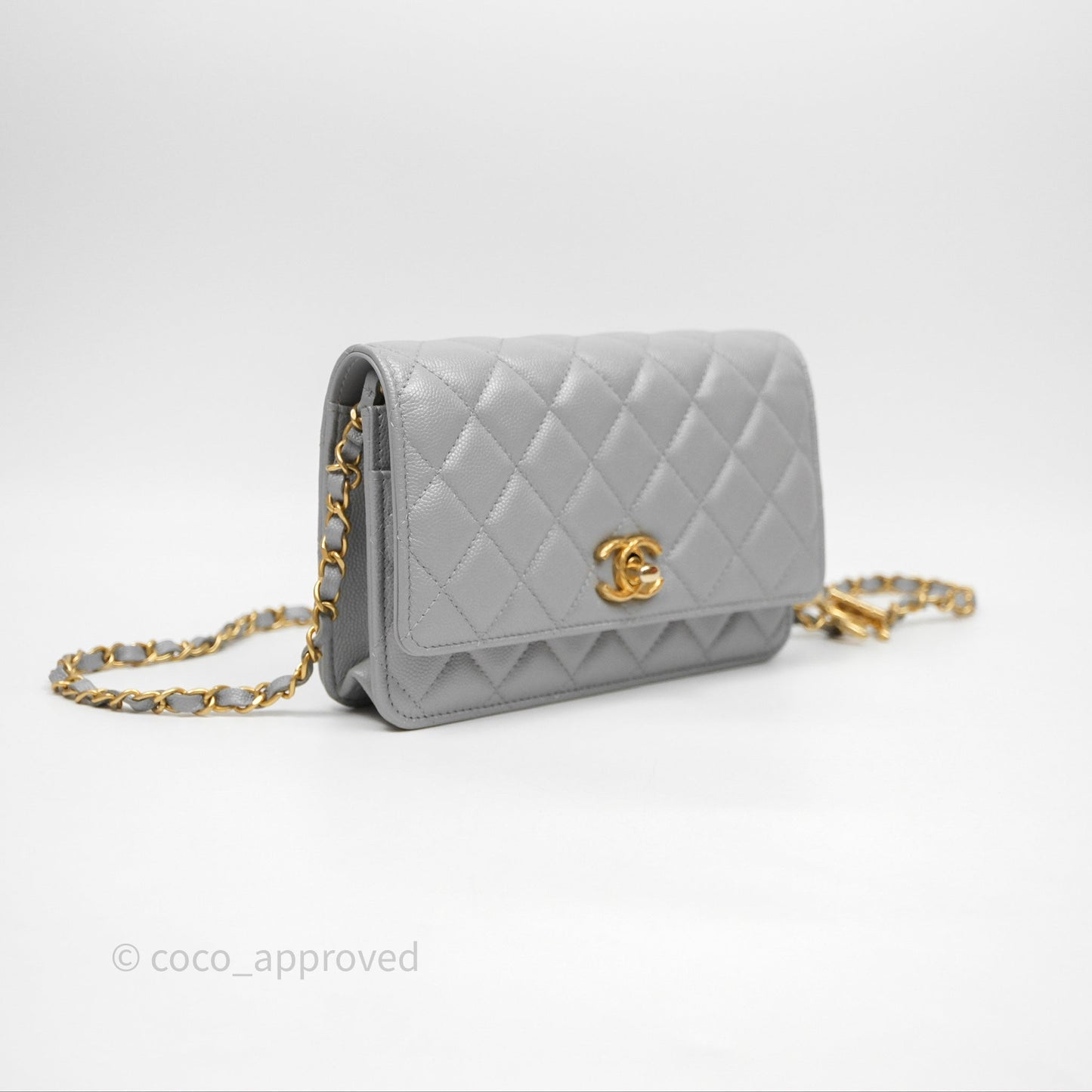 Chanel Wallet On Chain WOC Adjustable CC Chain Grey Iridescent Caviar Aged Gold Hardware