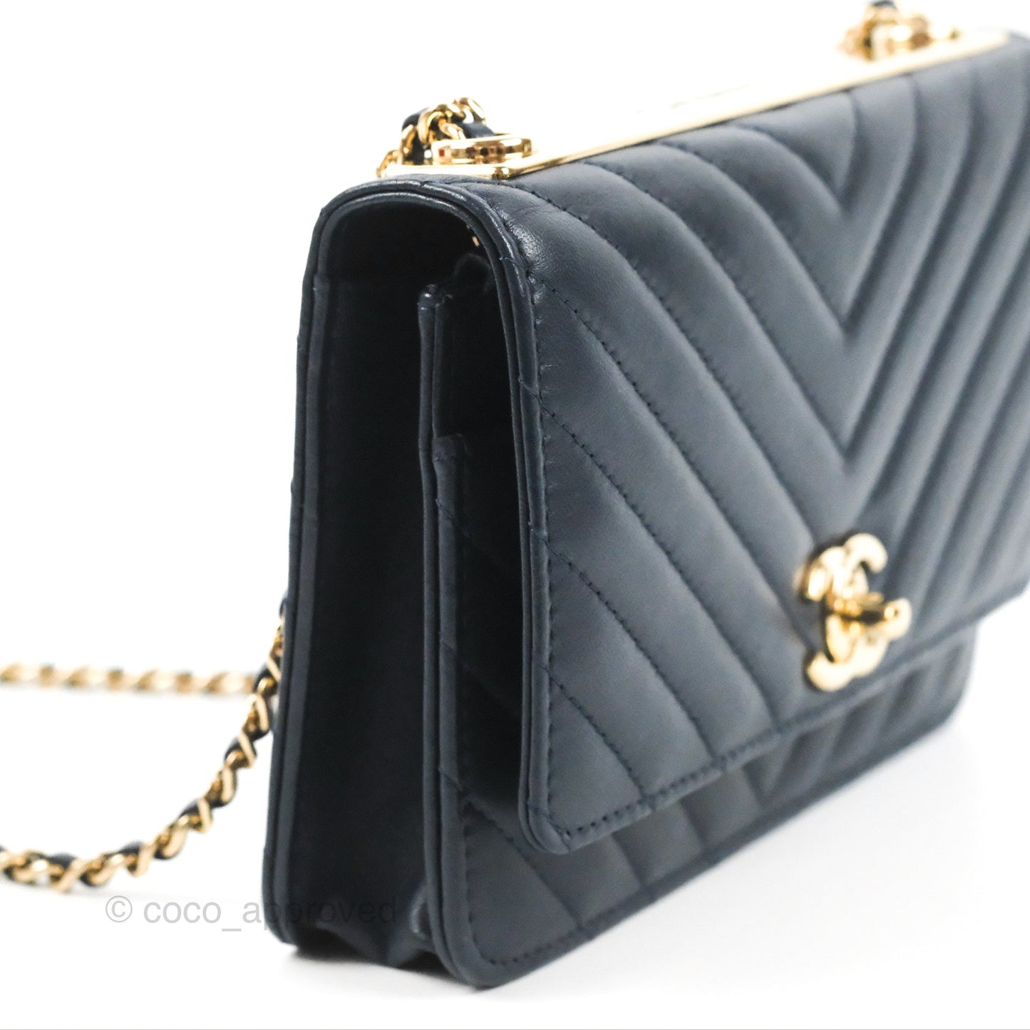 Chanel Trendy CC WOC Wallet on Chain Chevron Navy Lambskin Gold Hardware