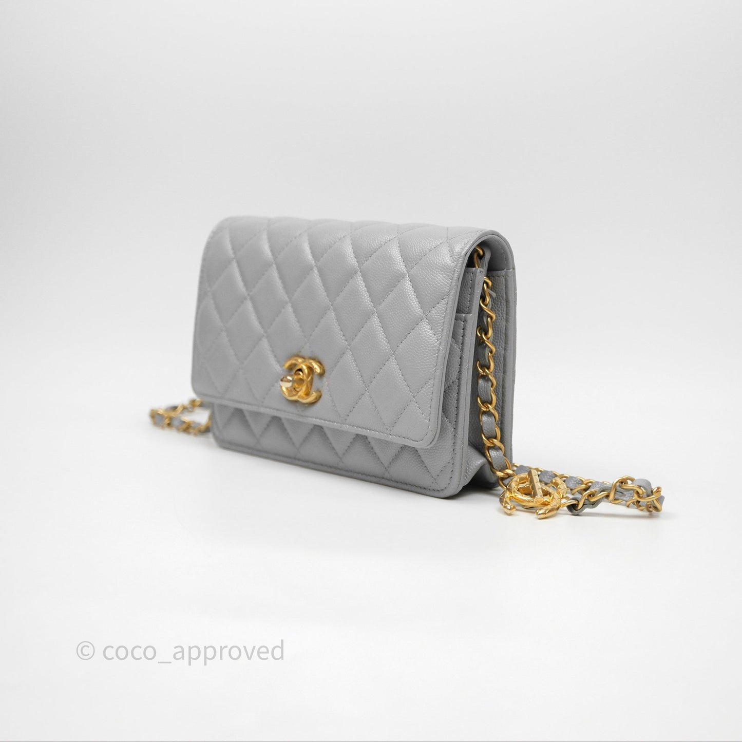 Chanel Wallet On Chain WOC Adjustable CC Chain Grey Iridescent Caviar Aged Gold Hardware