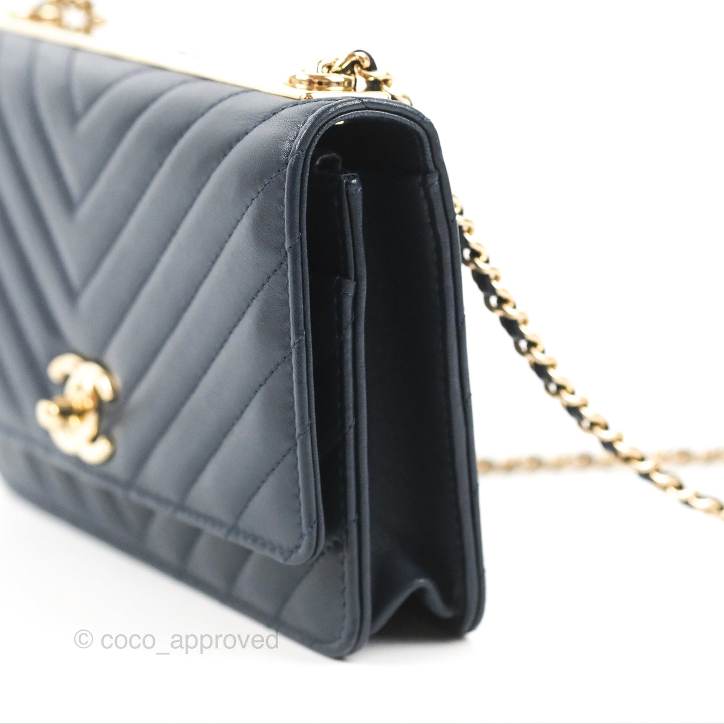 Chanel Trendy CC WOC Wallet on Chain Chevron Navy Lambskin Gold Hardware