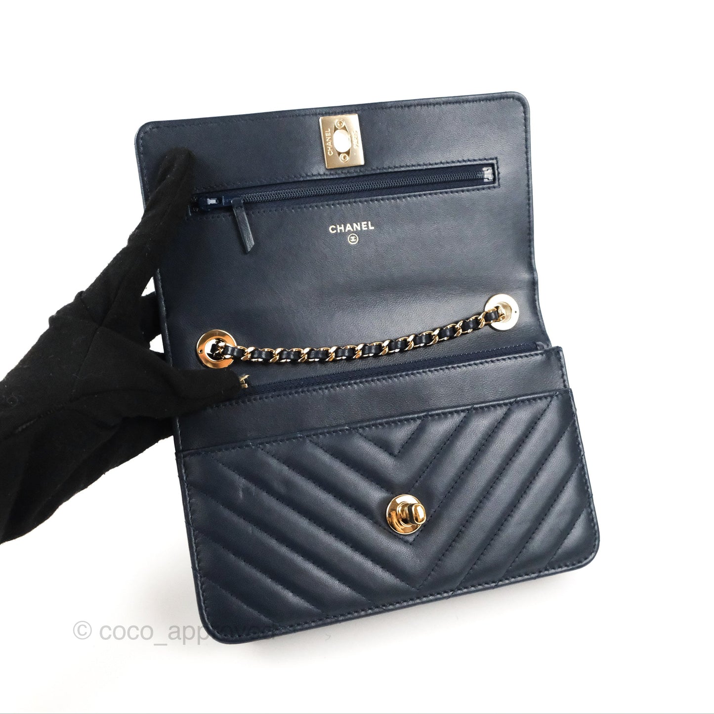 Chanel Trendy CC WOC Wallet on Chain Chevron Navy Lambskin Gold Hardware
